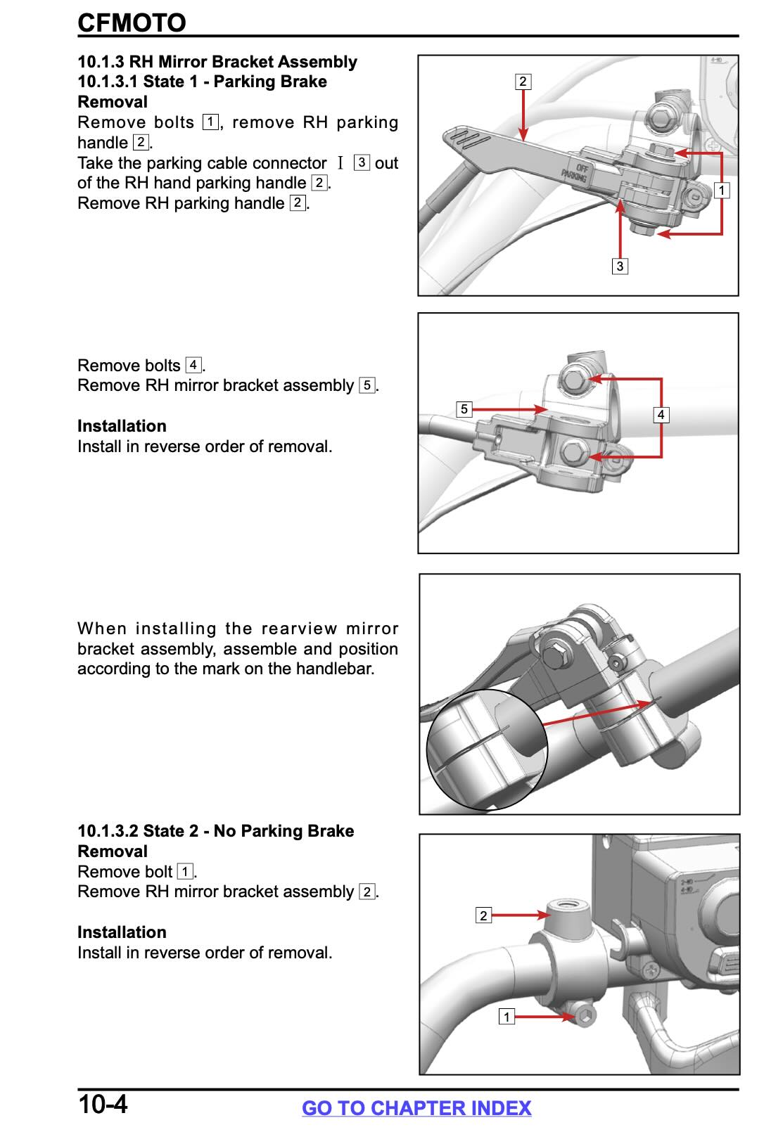 CFMOTO CFORCE service manual page 10-4 with RH mirror bracket and parking brake handle removal diagrams