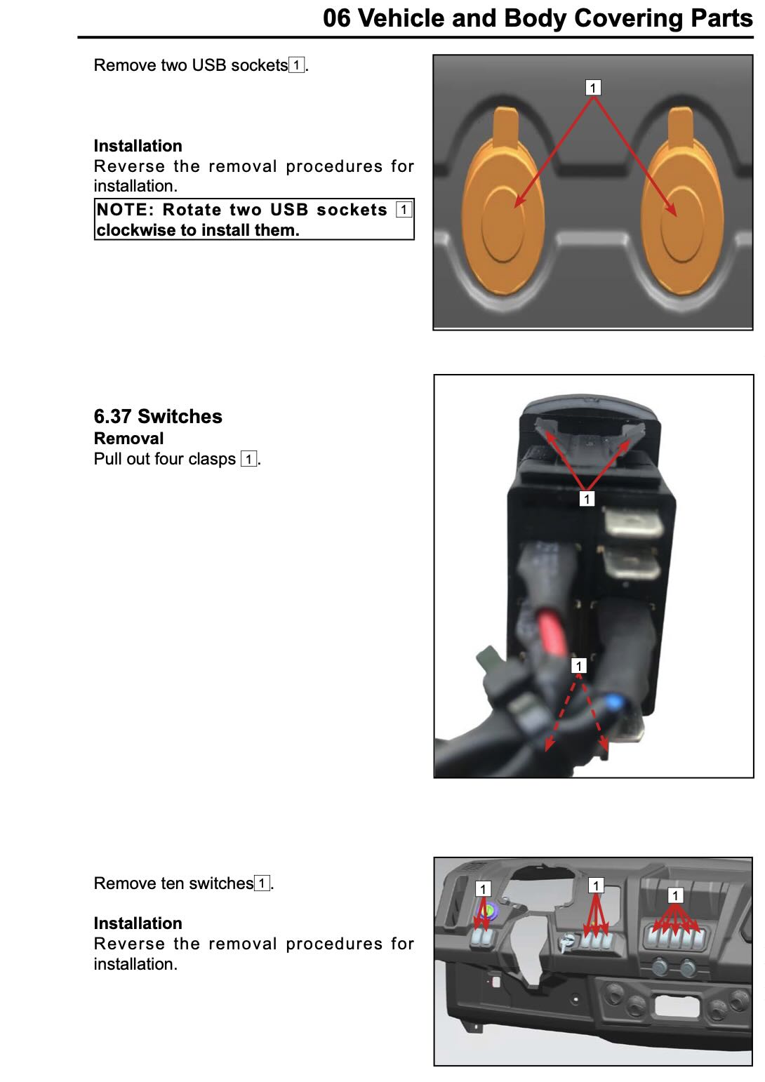 Instruction manual page showing how to remove and install vehicle and body covering parts, including USB sockets and switches, with labeled diagrams and numbered callouts.