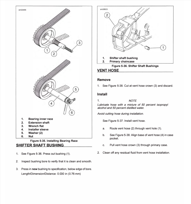 Instruction sheet for shifter shaft bushing, showing labeled diagrams of components, installation steps, and removal instructions on a white background.