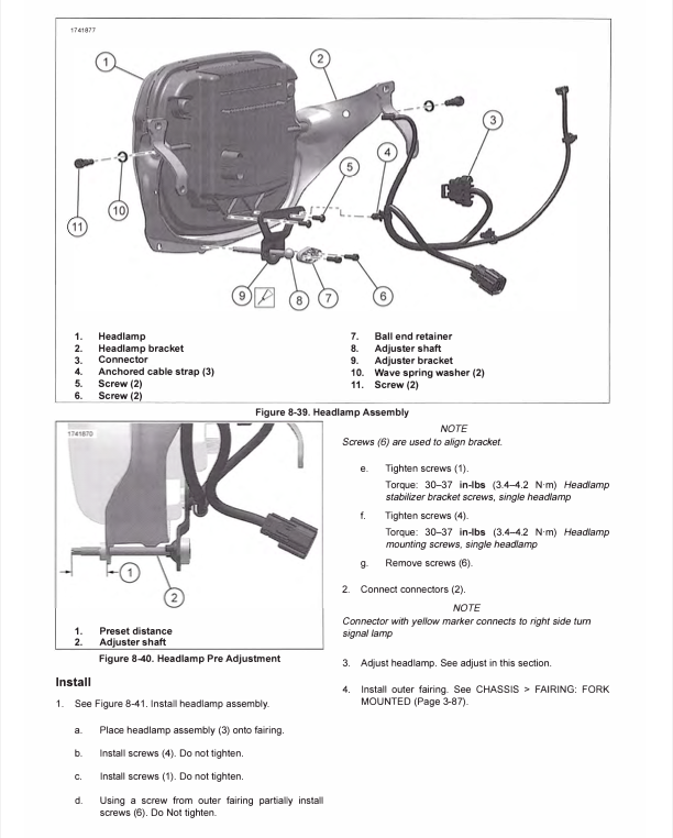 A technical installation and assembly diagram sheet for a headlamp, showing labeled front and side views with numbered callouts and installation steps on a white background.