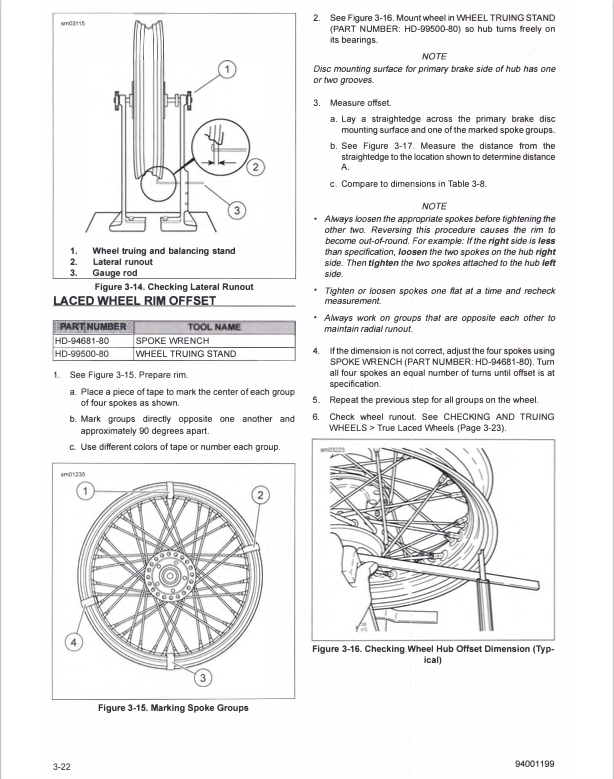 A printed technical instruction sheet with line drawings and text for a wheel truing and balancing stand, including labeled figures, notes, and a table with part numbers and tool names.