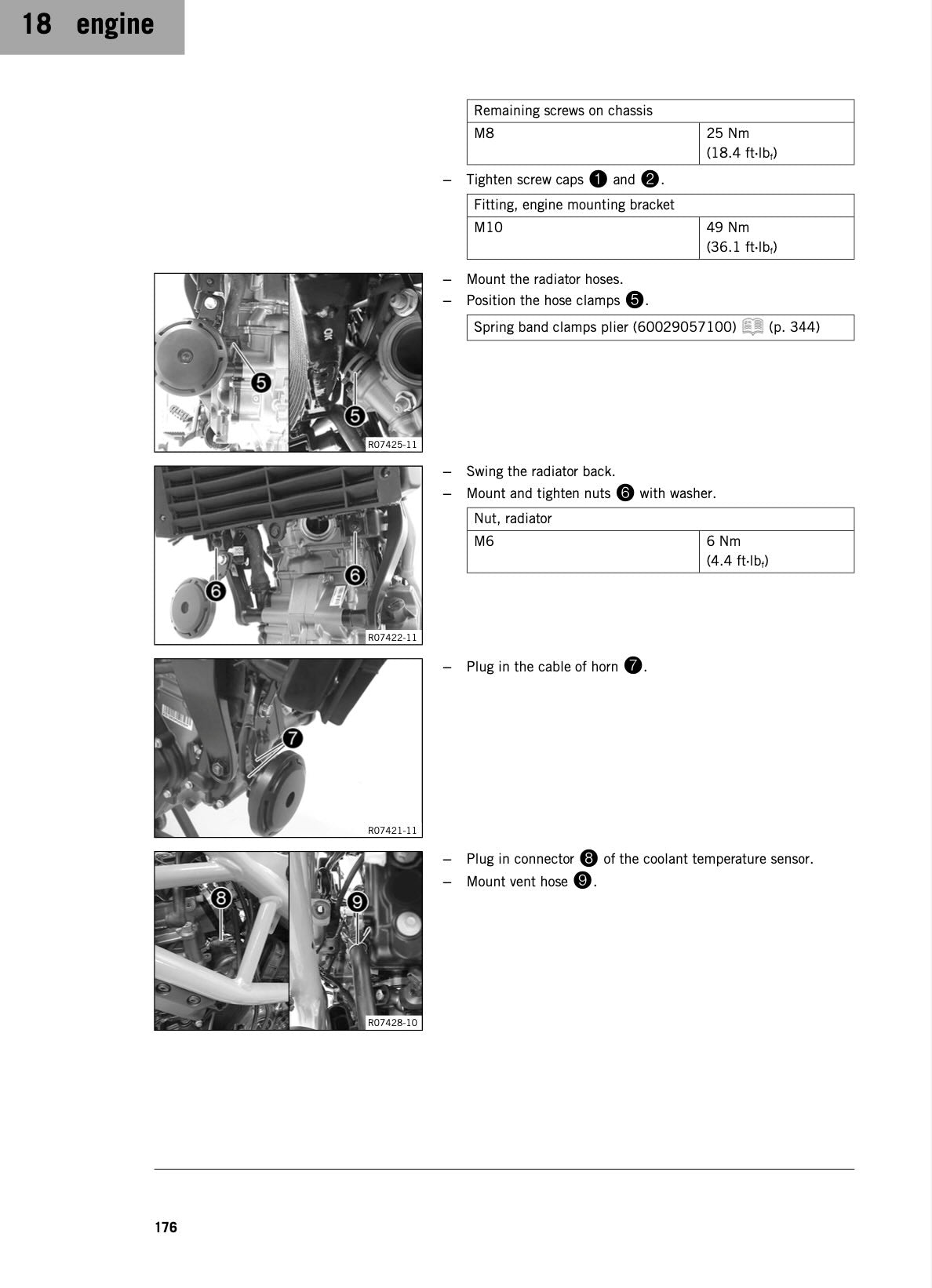 A printed engine installation or maintenance page showing numbered photos of an engine with attached hoses and bolts, alongside bullet-point instructions and torque values under the heading '18 engine'.