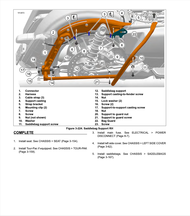 A technical schematic diagram showing a labeled cross-section of a saddlebag support arm assembly, with numbered callouts and a list of installation steps below on a white page.
