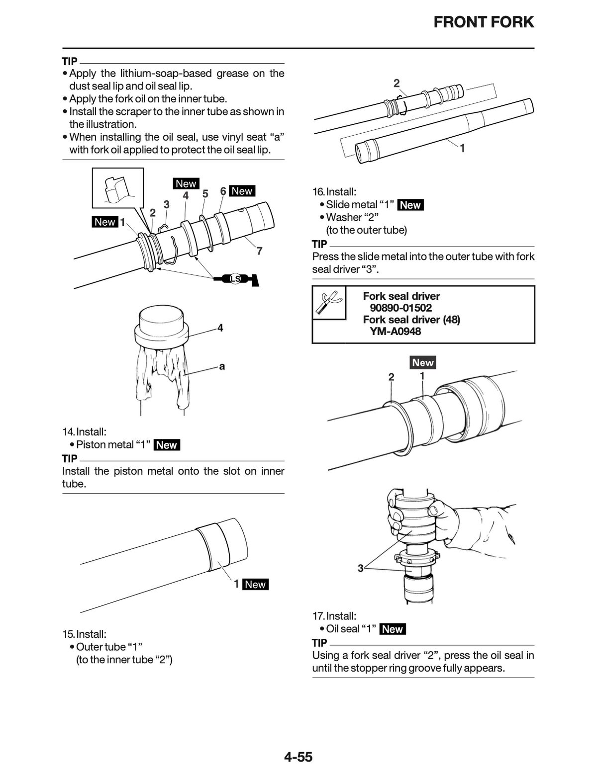 A black-and-white technical instruction sheet showing front fork installation steps with numbered callouts and small diagrams of fork components and seal drivers.