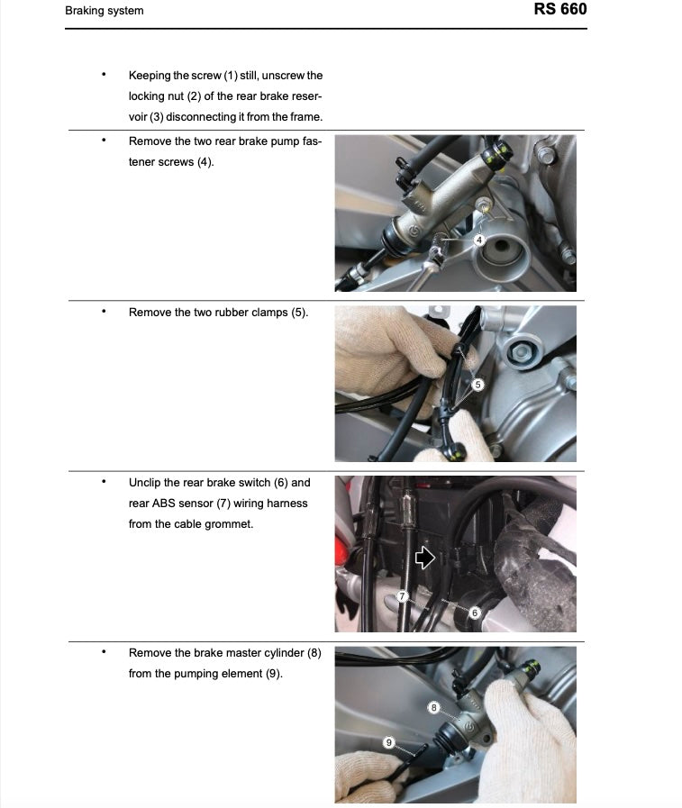 Step-by-step instructions for removing components from a vehicle's braking system, shown with text and images.