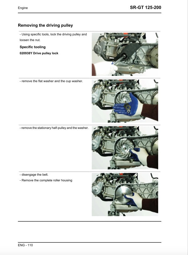 Instructions for removing a driving pulley from an engine, with text and images on a white background.