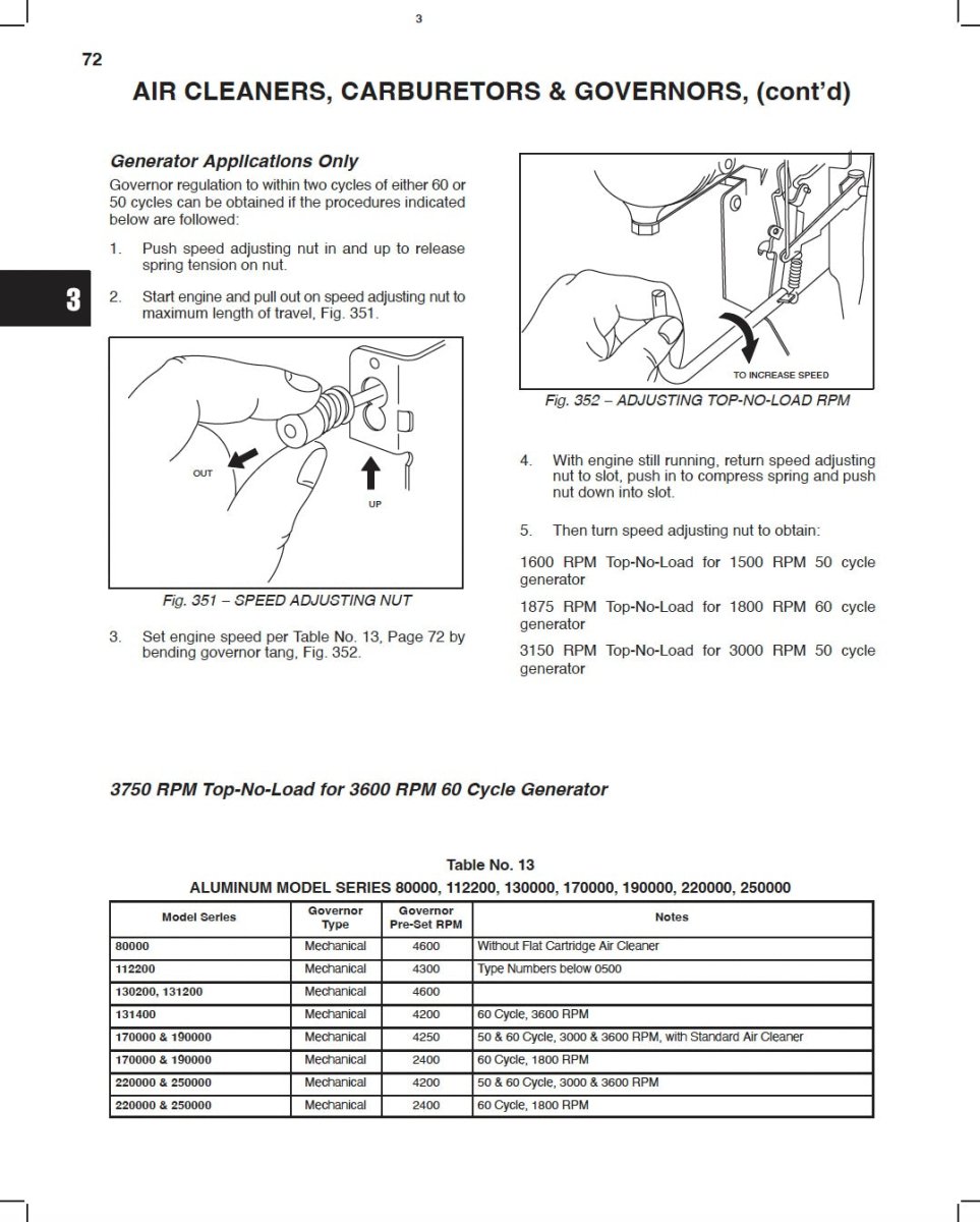 Technical manual page on air cleaners, carburetors, and governors with diagrams and text.