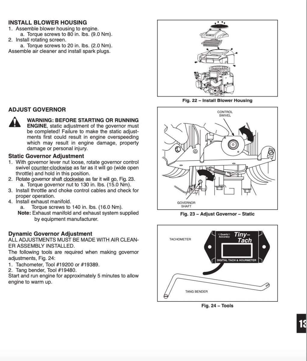 Instructions for installing a blower housing and adjusting a governor with diagrams and text on a white background.