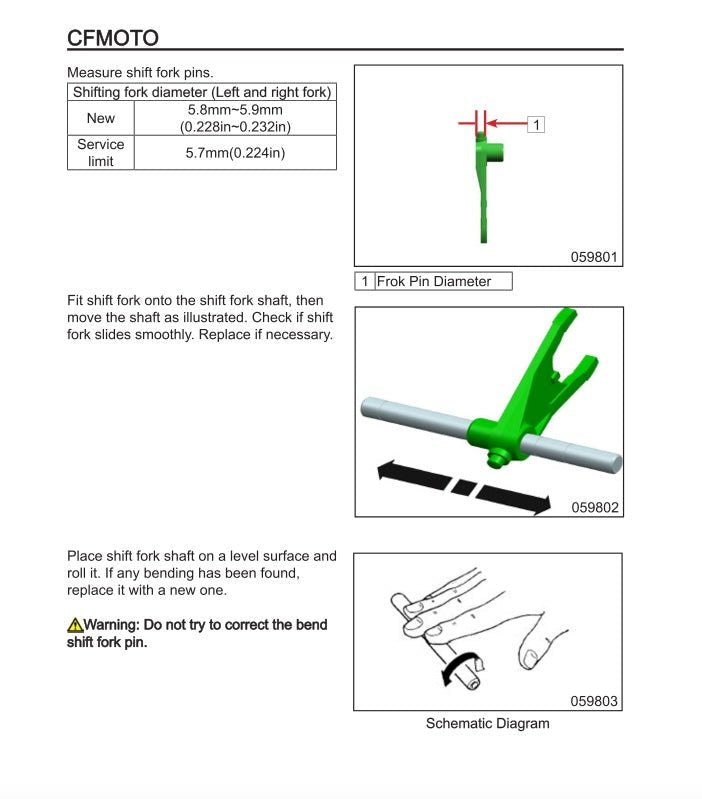 Technical diagram and instructions for measuring and fitting a shift fork on a CFMOTO product.