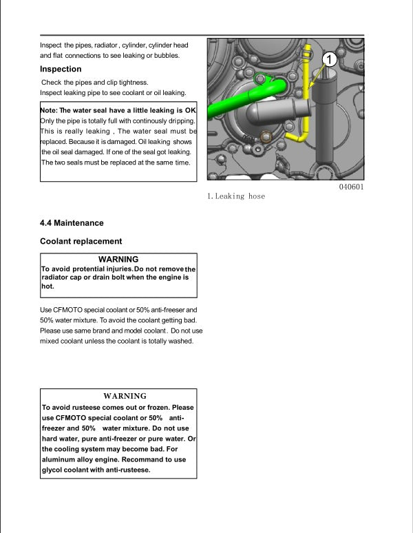 Technical manual page with coolant replacement instructions and a diagram of a leaking hose.