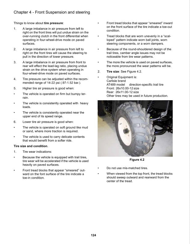 Page from a manual or book about front suspension and steering with text and a tire image.