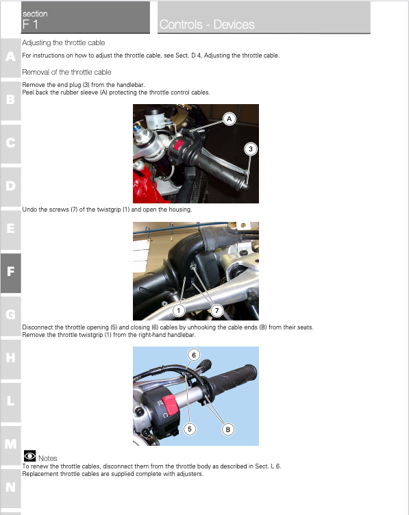 A page from a motorcycle throttle cable adjustment manual, showing step-by-step instructions with labeled photos of the cable and hardware.