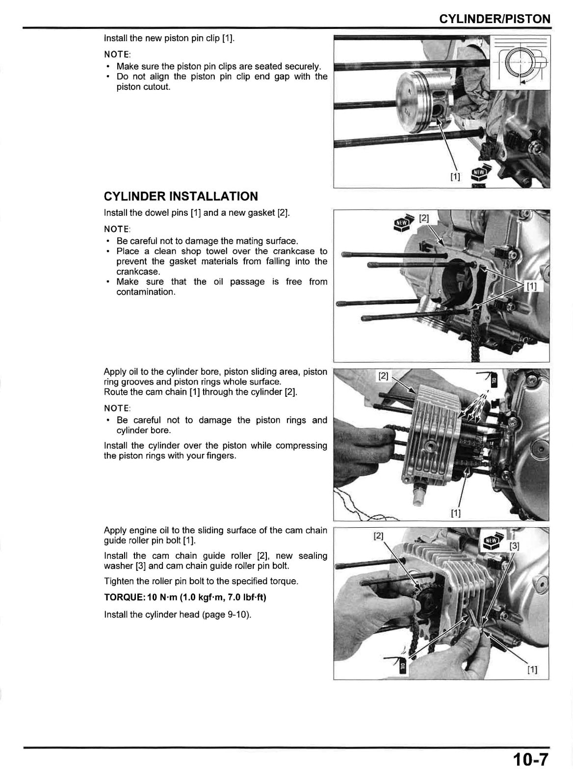 Technical manual page on cylinder/piston installation with step-by-step instructions and diagrams.