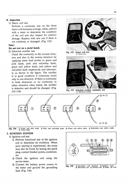 Technical manual page with illustrations and text on automotive inspection and ignition system tests.