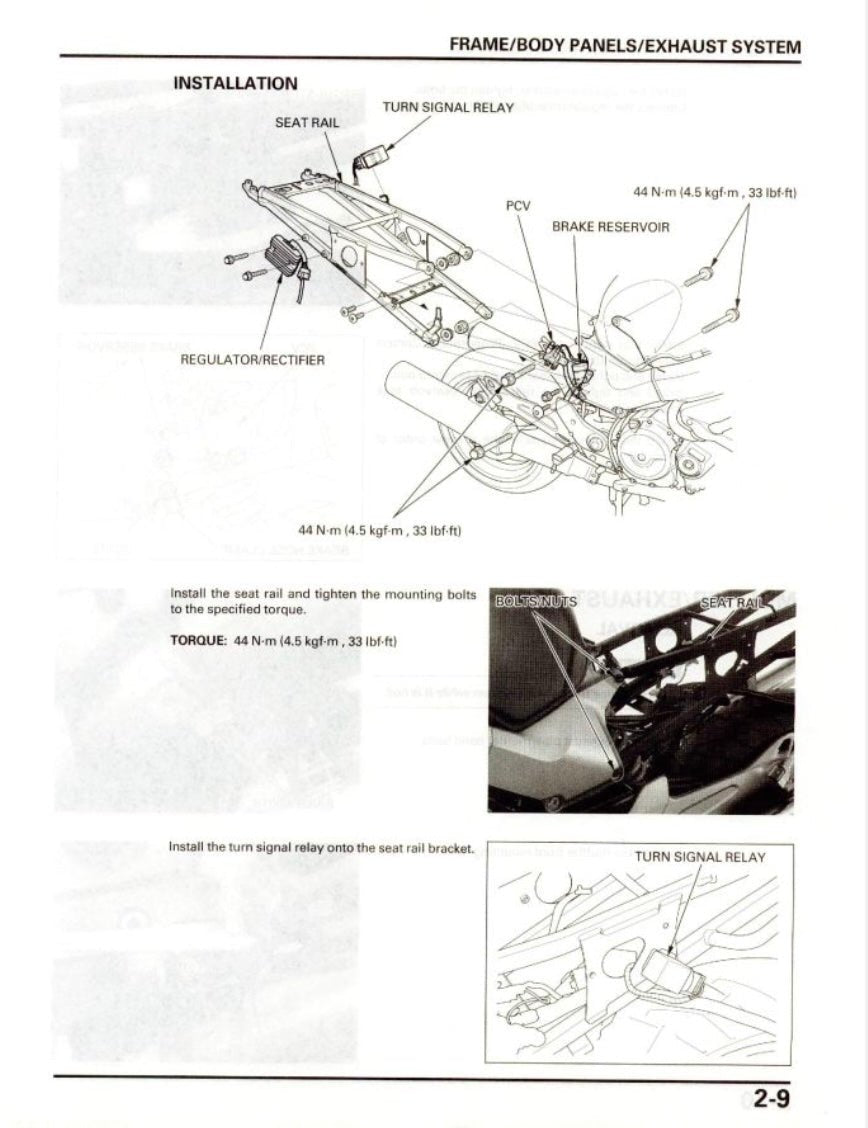 Technical diagram and instructions for installing a seat rail and turn signal relay on a vehicle.
