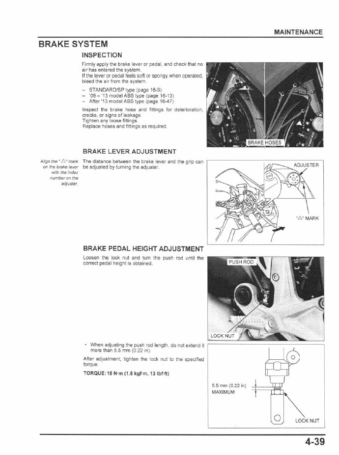 Maintenance instructions for a brake system on a vehicle, including diagrams and text.