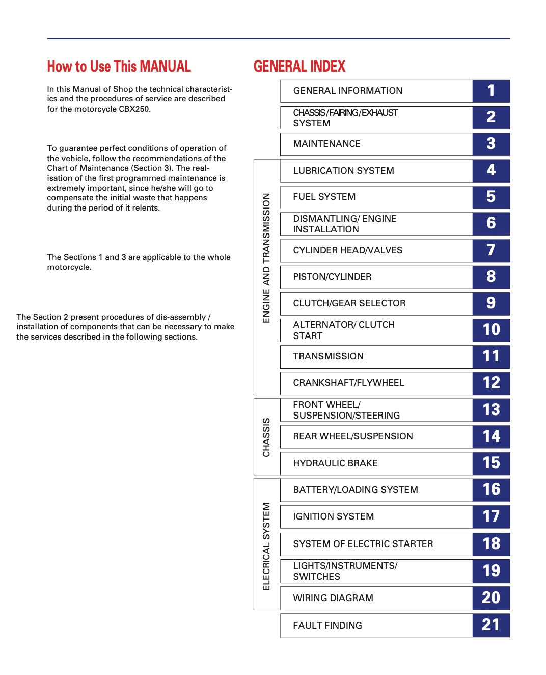 Table of contents for a motorcycle service manual with sections listed.