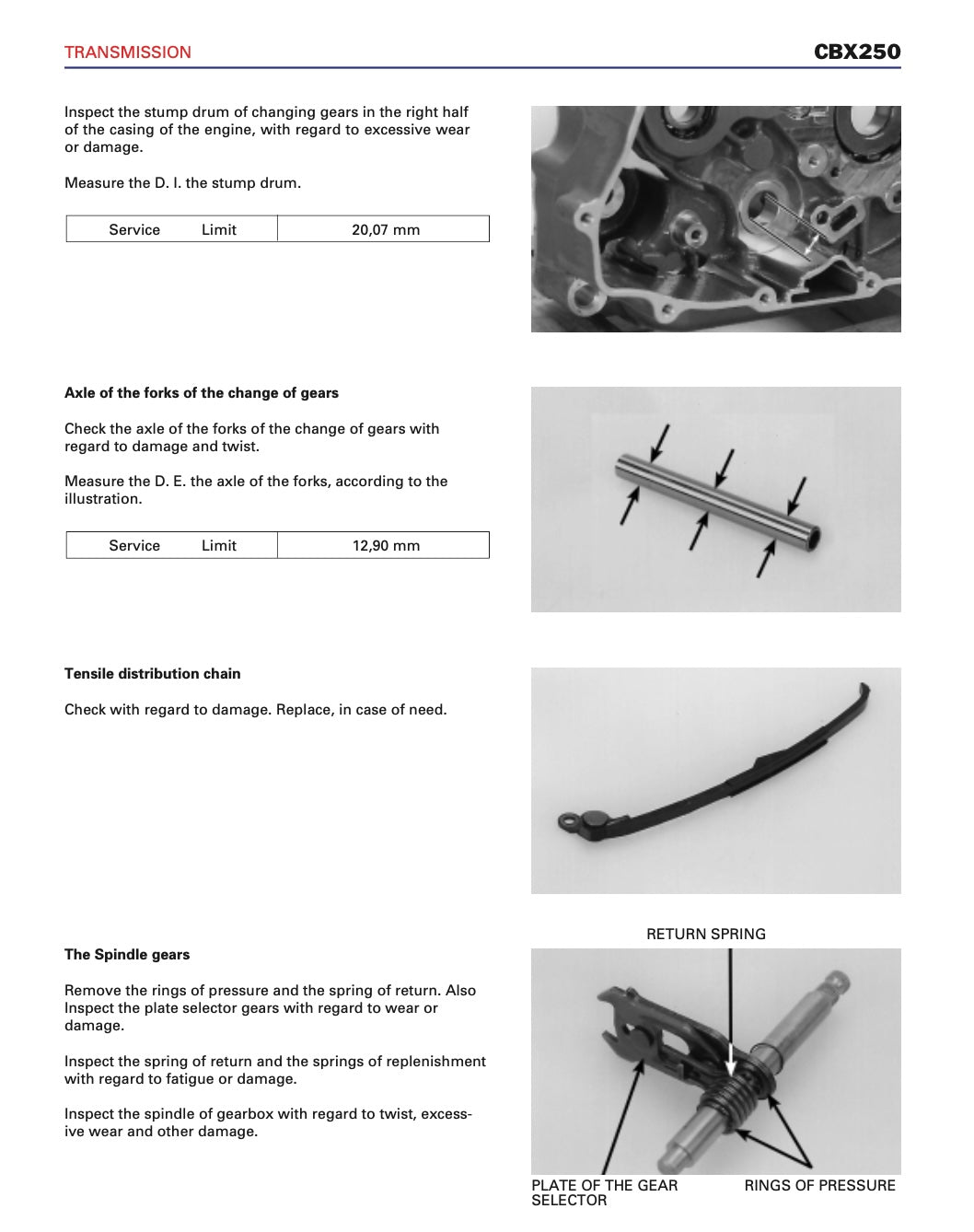 Technical manual page for CBX250 transmission inspection with text and images of mechanical parts.