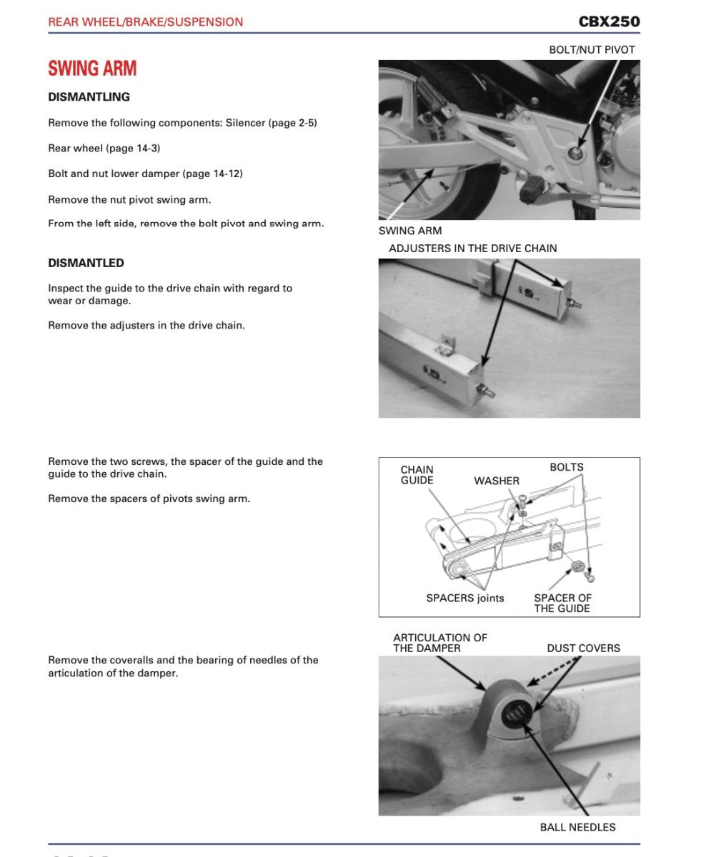 Technical diagram and instructions for CBX250 swing arm dismantling and assembly on a white background.