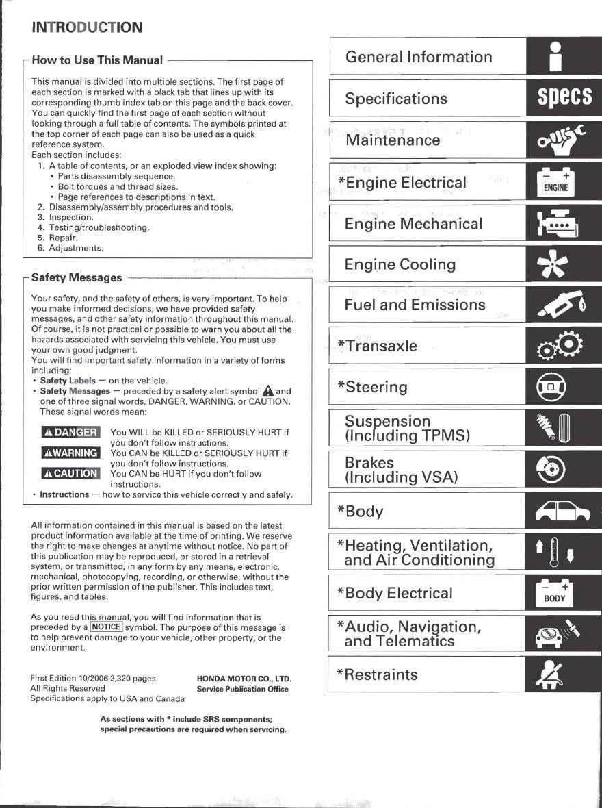 Table of contents for a vehicle manual with icons and text on a white background