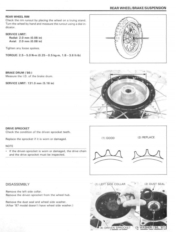 Technical diagram and instructions for rear wheel, brake, and suspension components on a white background.