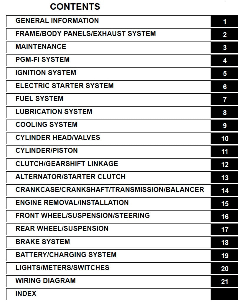 Table of contents for a technical manual on various automotive systems.