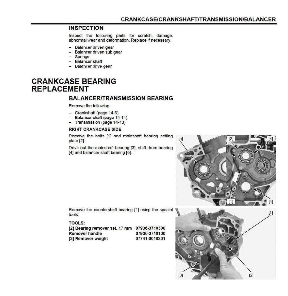 Technical diagram and instructions for crankcase bearing replacement with textual information on a white background.