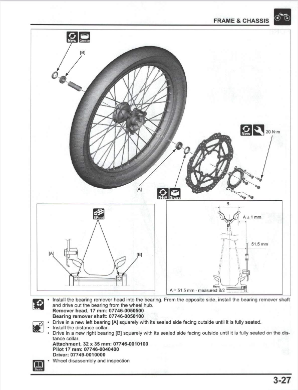 A black-and-white technical service manual page showing bicycle wheel and rim assembly instructions, with labeled diagrams, parts, and measurement notes under the heading FRAME & CHASSIS.