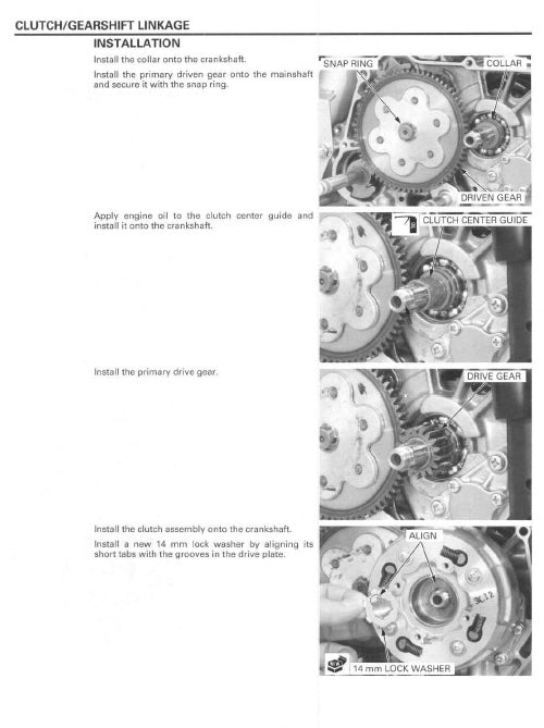 Mechanical installation instructions for clutch and gearshift linkage with labeled parts.