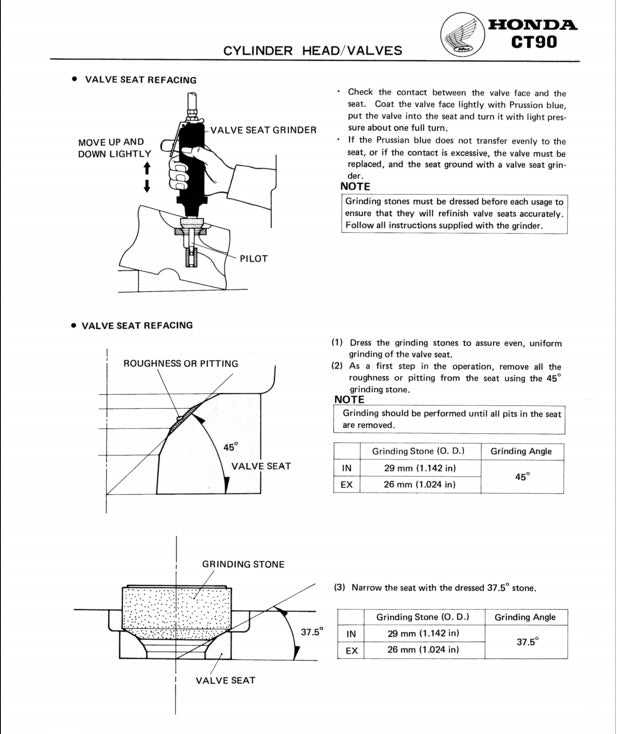 Technical diagram for valve seat refacing on a Honda CT90 motorcycle, including illustrations and text.