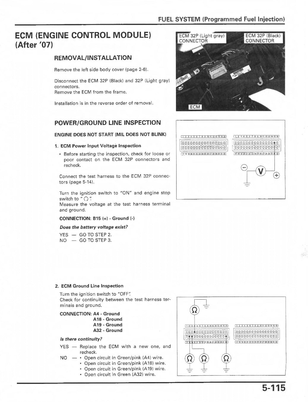 Technical manual page for fuel system diagnostics and ECM removal/installation.