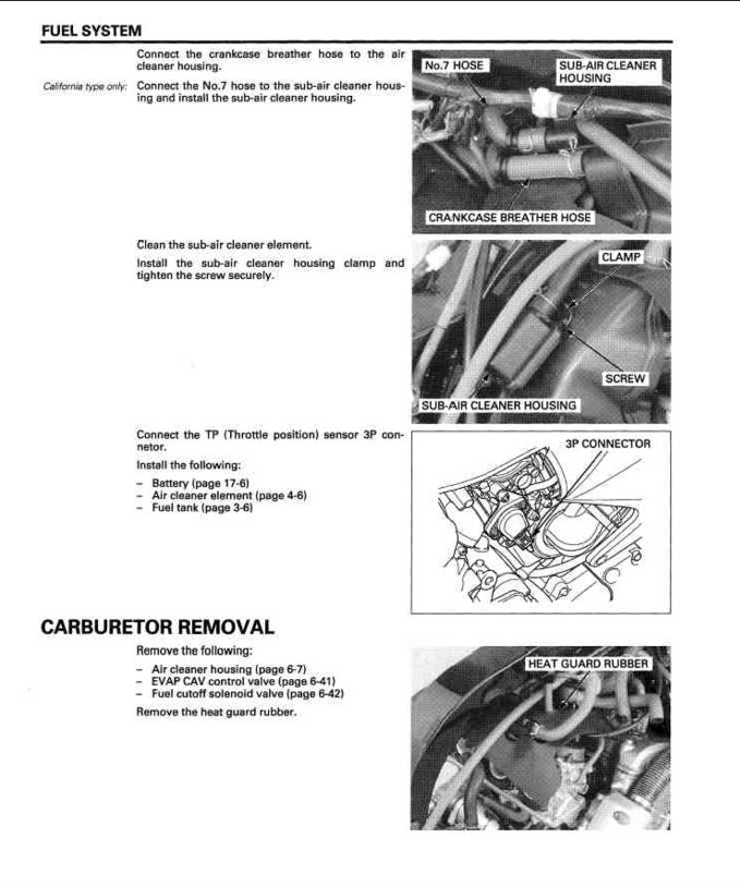 Technical diagram and instructions for fuel system and carburetor removal on a vehicle.