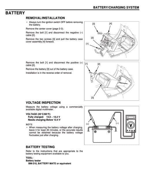 Technical manual page on battery removal, installation, inspection, and testing with diagrams and text.