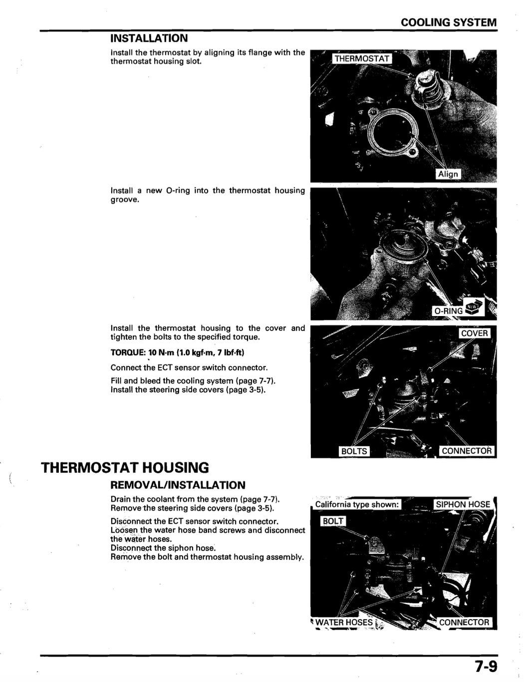 Technical diagram and instructions for installing a thermostat housing with text and black and white images.