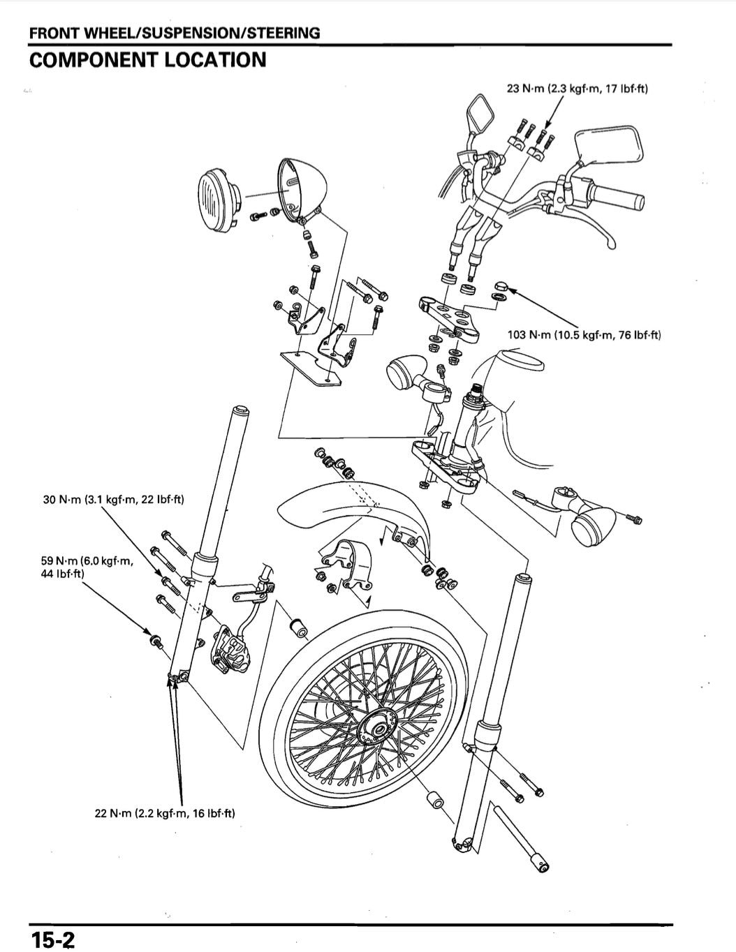 Technical diagram of a bicycle's front wheel/suspension/steering components on a white background.