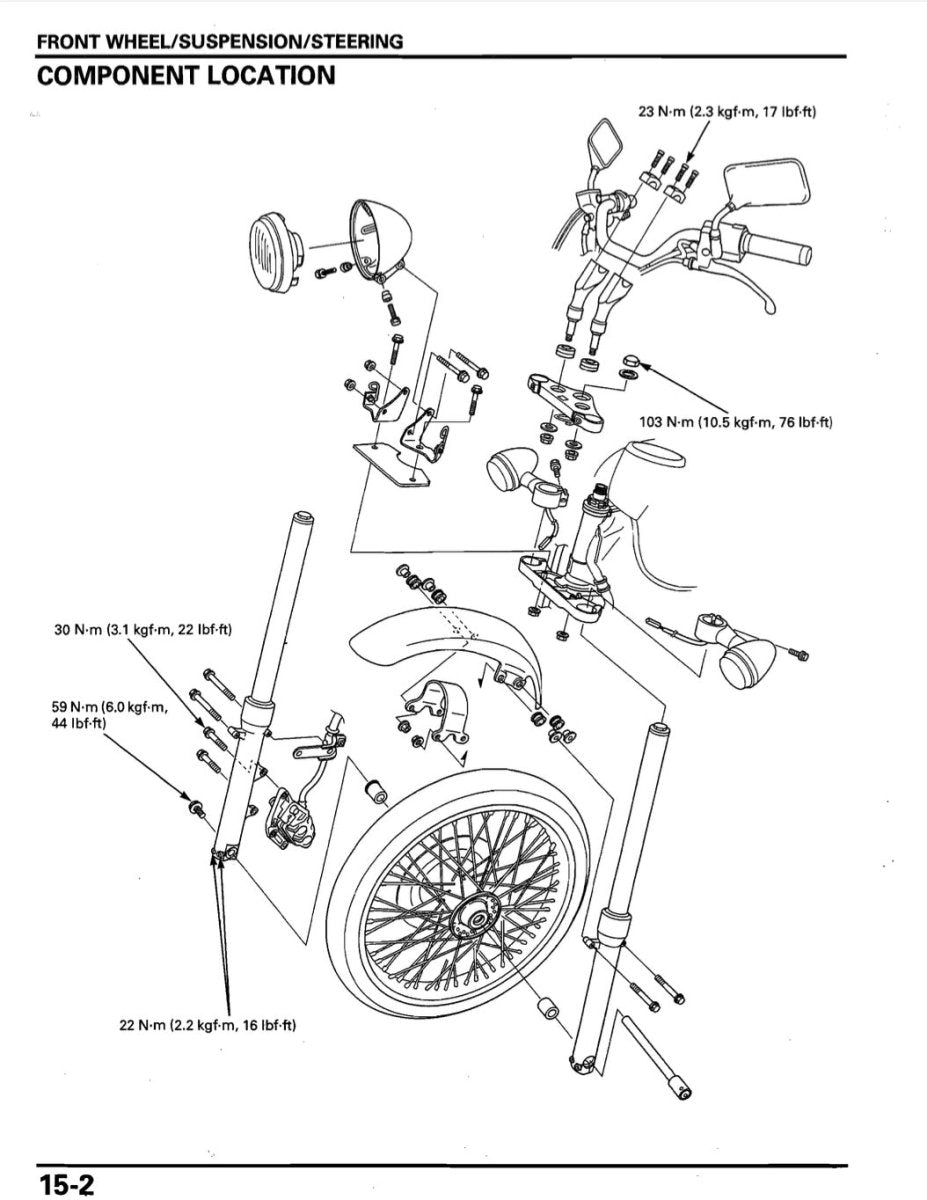 Technical diagram of a bicycle's front wheel/suspension/steering components on a white background.