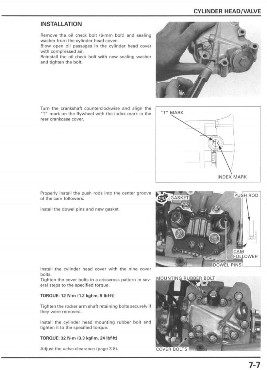 Technical manual page with instructions on installing a cylinder head/valve assembly.
