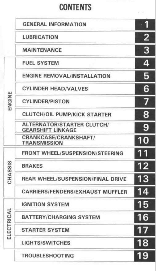 Table of contents for a technical manual or guide with sections listed.