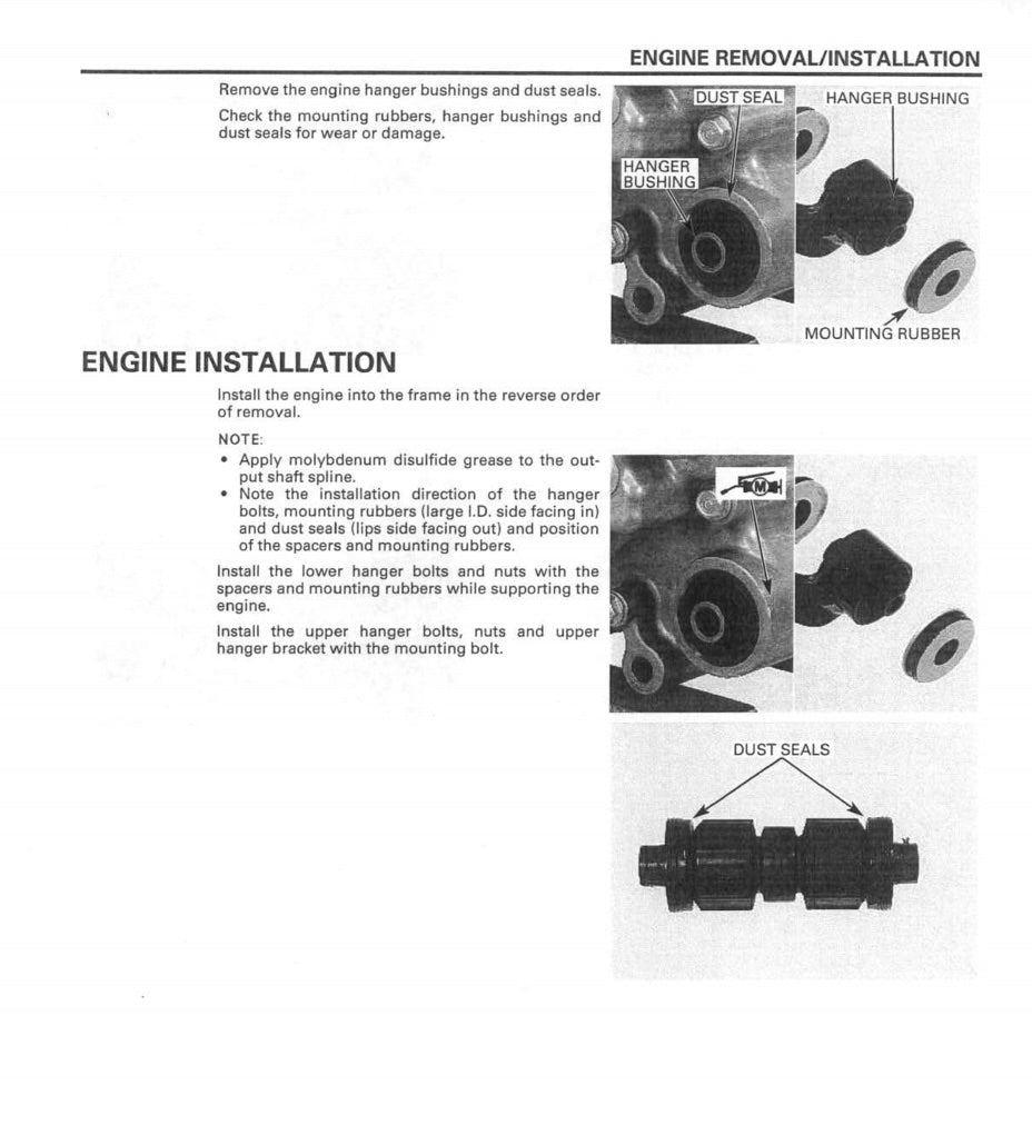 Technical diagram and instructions for engine removal and installation on a white background