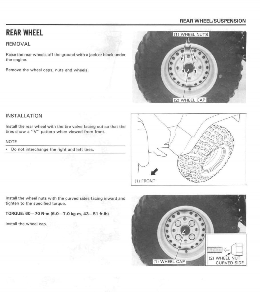 Instructions for removing and installing rear wheels with illustrations and text on a white background