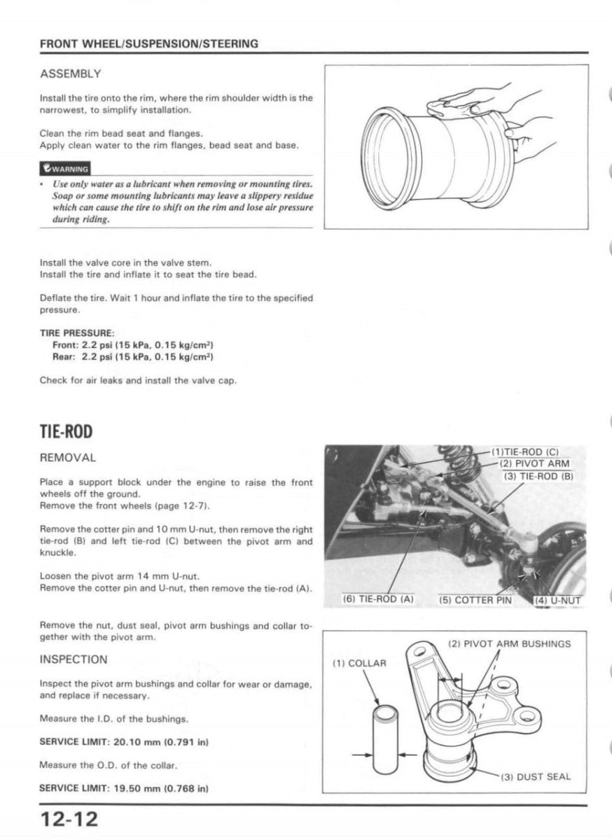 Technical manual page with instructions on front wheel/suspension/steering assembly, including diagrams and text.