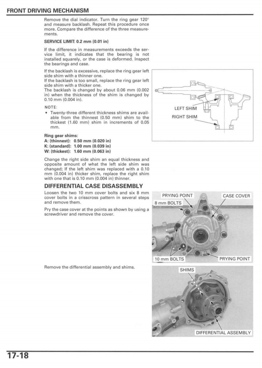 Technical diagram and instructions for front driving mechanism repair on a vehicle, including shim thickness measurement and differential case disassembly.