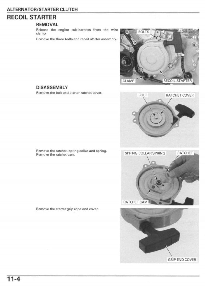 Technical diagram of a recoil starter removal and disassembly process on a white background.