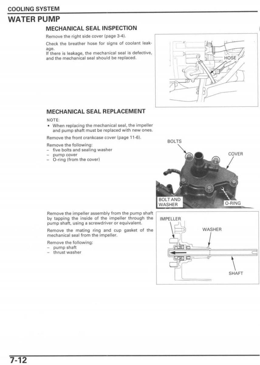 Technical diagram and text on mechanical seal inspection and replacement for a water pump.