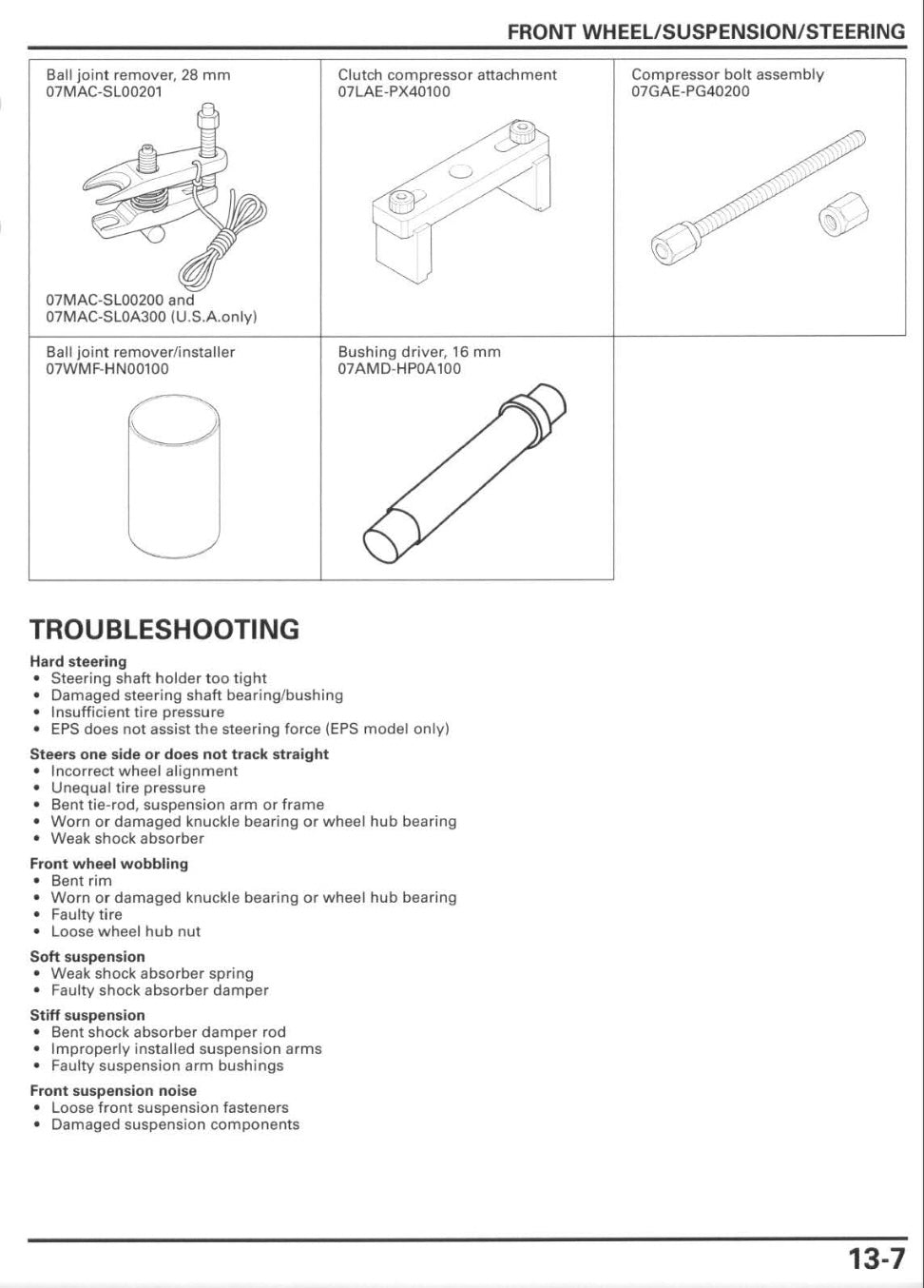 Technical diagram of front wheel/suspension/steering components and troubleshooting guide on a white background.