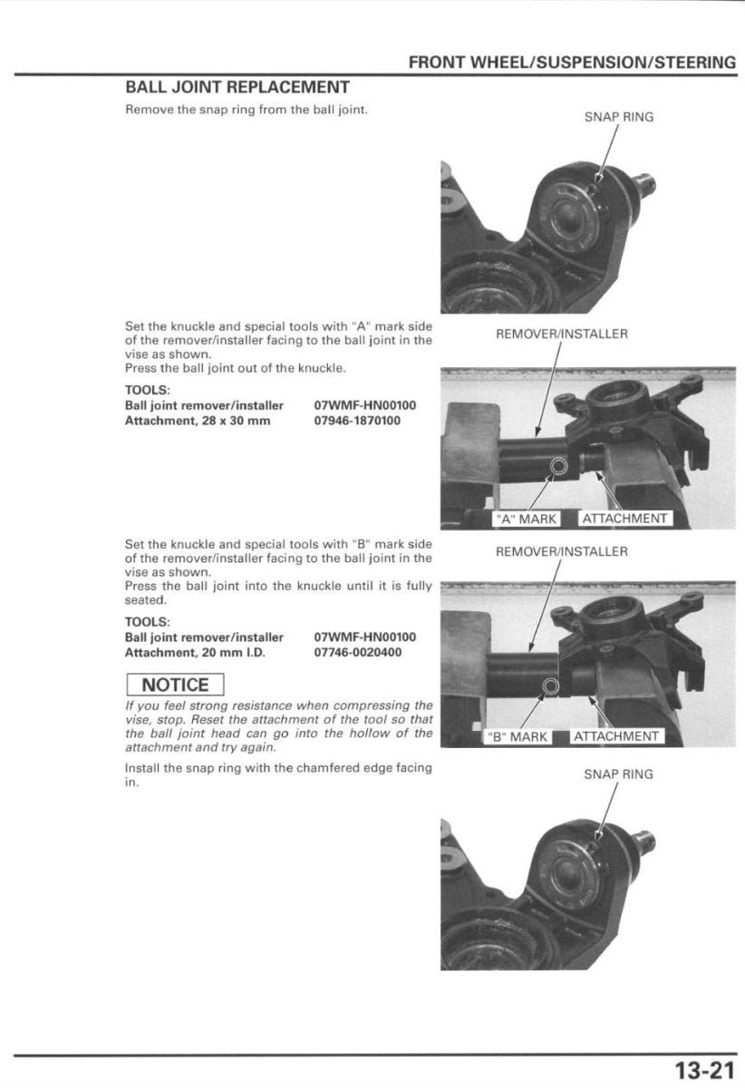 Technical diagram for ball joint replacement in a vehicle's front wheel/suspension/steering system.