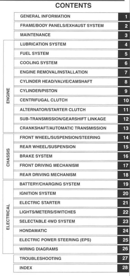 Table of contents for a vehicle maintenance manual with chapter headings.