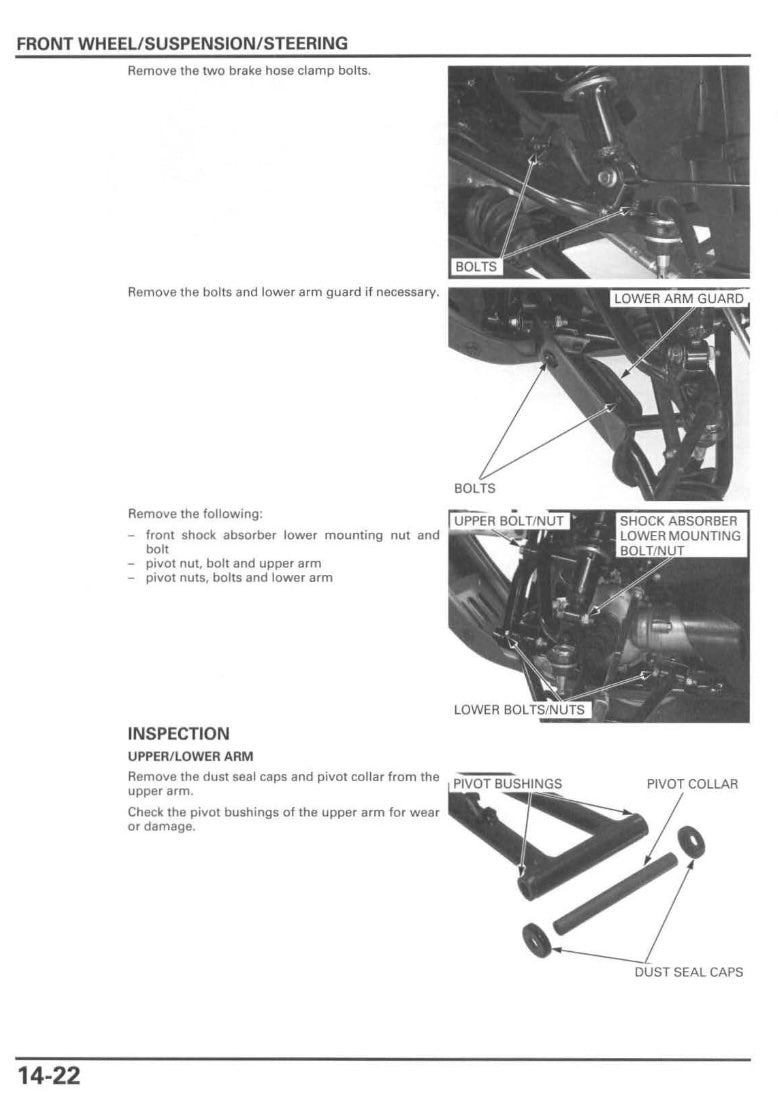 Mechanical diagram of front wheel/suspension/steering components with text instructions on a white background.