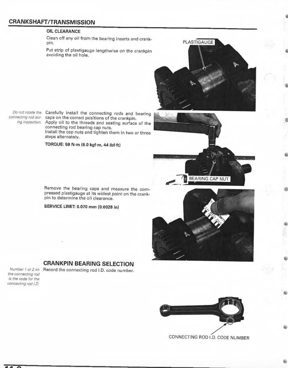 Technical manual page on crankshaft/transmission with illustrations and text.