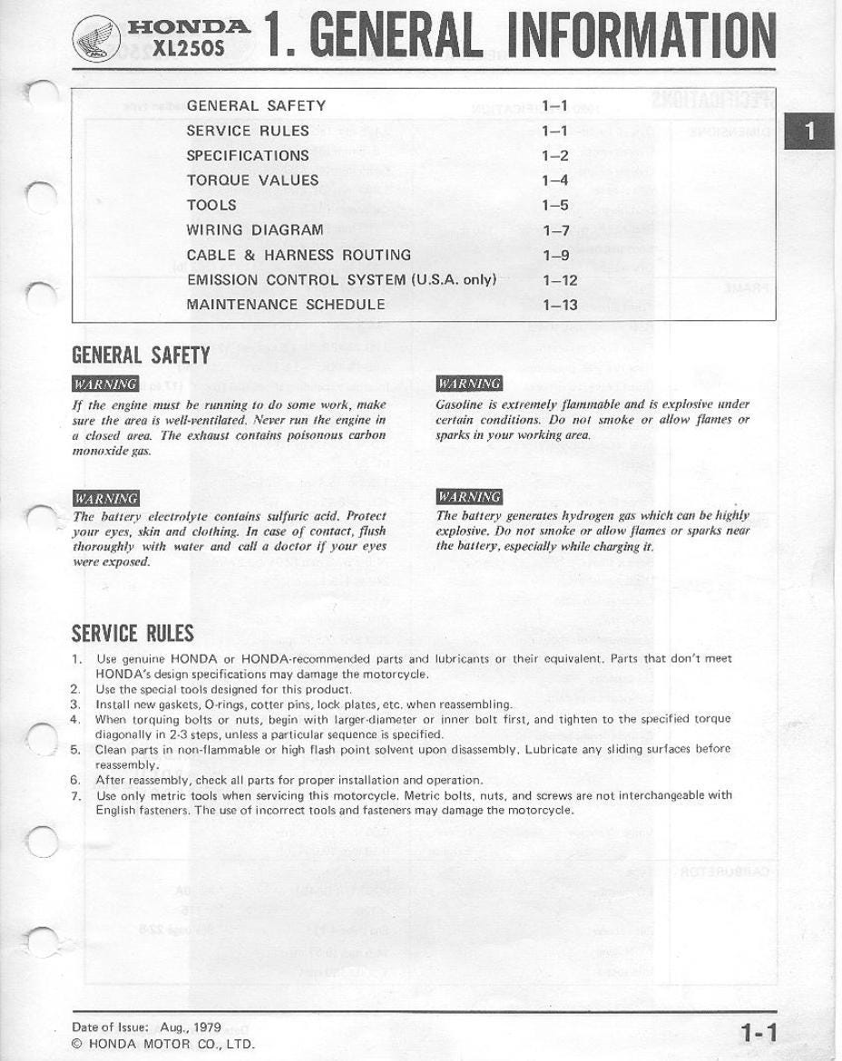 Page from a Honda XL250S motorcycle manual with general information and safety guidelines.
